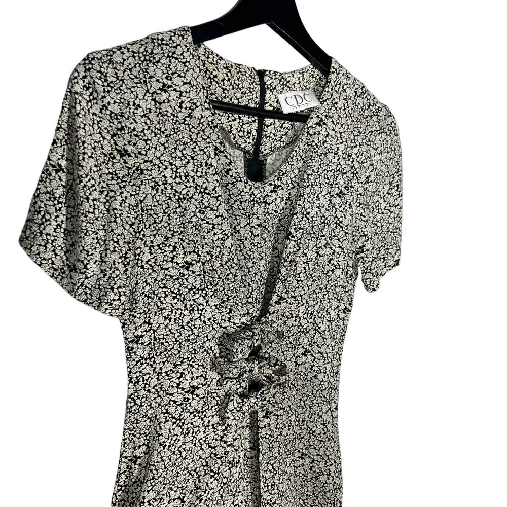 Vintage 90 Black White Micro Floral Short Sleeve Mid Tie Wide Leg Jumpsuit Small - Picture 3 of 10